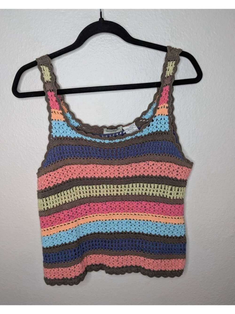 Vintage White Stag Multicolor Crochet Knit Striped Tank Top Large
